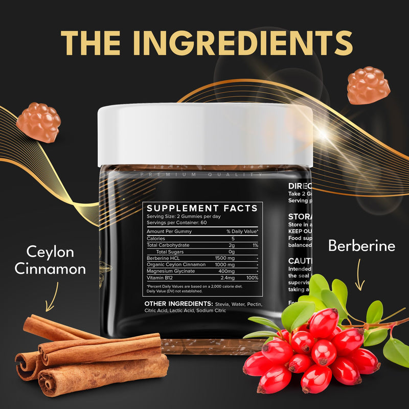 Supplmnt. Berberine Gummies - 2 Months Supply, 1500mg Berberine with 1000mg Ceylon Cinnamon, 2.4mg Vitamin B12 & 400mg Magnesium Glycinate - Powerful Metabolism & Immune Support Supplement - Orange