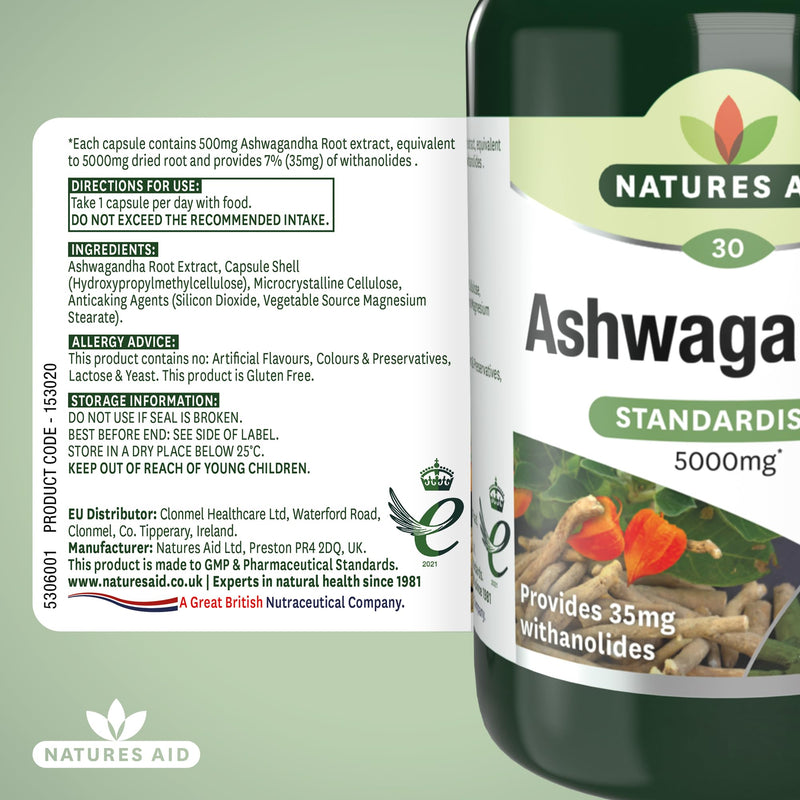 Natures Aid Ashwagandha 5000mg - 30 Tablet Capsules - Natural Pure High Strength Ashwagandha Root Extract Supplement - Vegan Gluten Lactose Free - Not Ashwagandha Gummies or Powder - 1 Months Supply