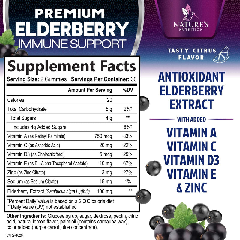 Elderberry Immune Support Gummies - 3X Strength Sambucus Elderberry Gummy with Vitamin C, D3 & Zinc - Nature’s Black Elderberry Extract - Immune Support Supplement for Adults & Kids - 60 Gummies 60 Count (Pack of 1)