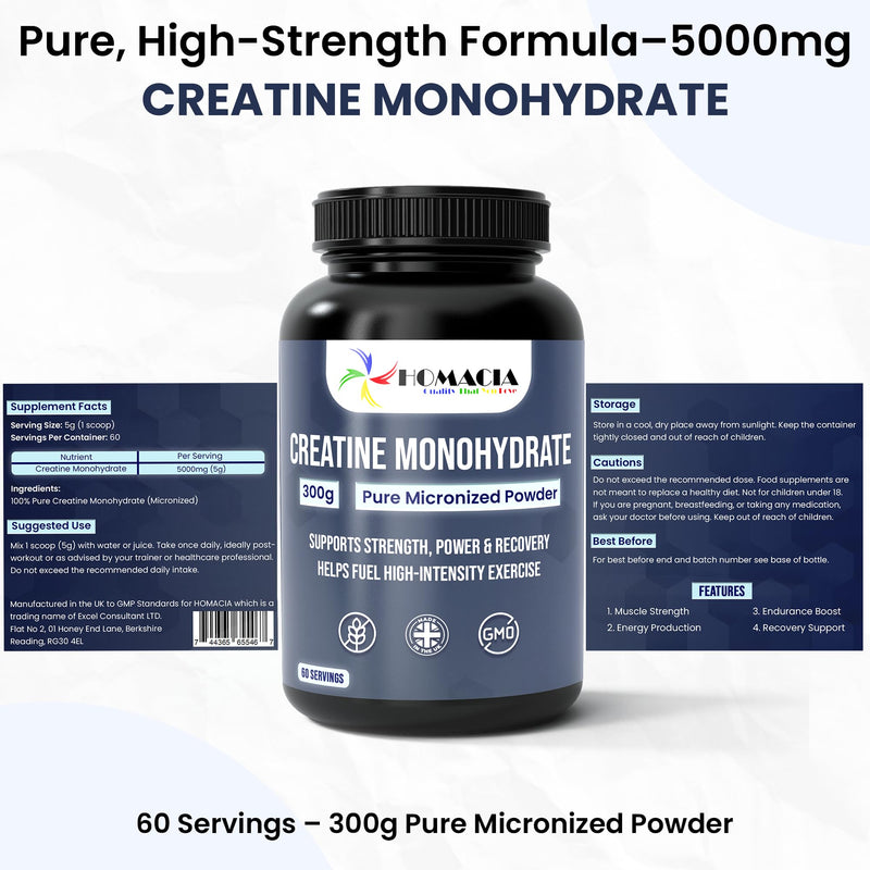 Homacia | Creatine Monohydrate Micronized Powder | Supports Muscle Growth, Strength, Recovery & Energy | 100% Pure Unflavoured Creatine 5g Scoop | 300g | UK Made 300 Grams
