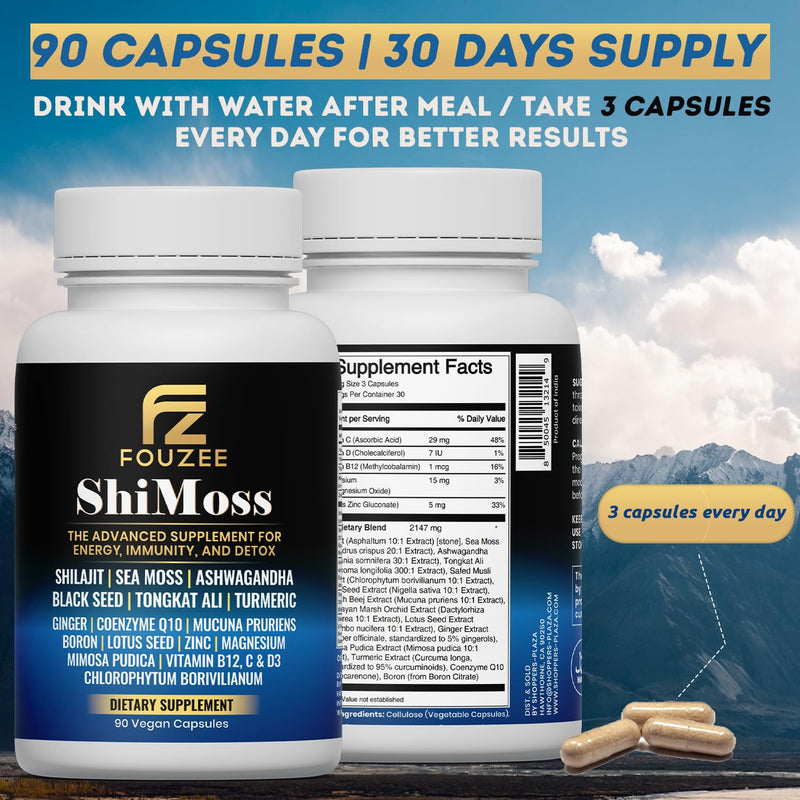 ShiMoss Supplement w/Shilajit 1000mg, Sea Moss 7000mg, Ashwagandha 9000mg, Tongkat Ali 90000 mg, Vitamin C, B12, Boron, Turmeric, Ginger - Immunity Dietary Capsule for Men & Women - 90 Count