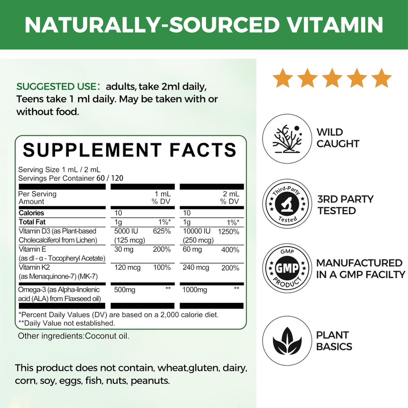 Mulittea (2 Pack) Vitamin D3 K2 Liquid 10000 IU w/ MK7, Omega-3 & MCT Oil | Plant-Based D3, All-Trans K2 MK7 & Vegan Omega-3 for Calcium Absorption, Bone, Muscle & Immune Support - 2 Fl Oz 2 Fl Oz (Pack of 2)