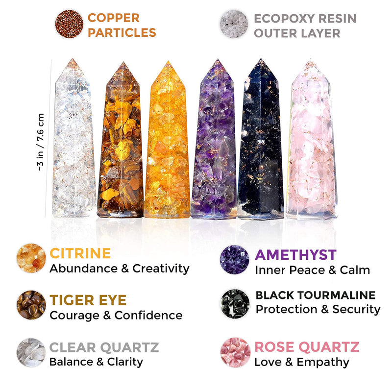 [Australia] - Healing Crystal Wand Set of 6 Orgonite – Includes 3” Amethyst Crystal, Tigers Eye, Rose Quartz, Black Tourmaline Stone, Citrine and Clear Quartz Orgone Crystal Plus Black Tourmaline Necklace 
