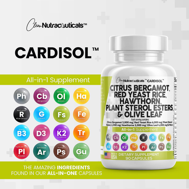 [Australia] - Clean Nutraceuticals Citrus Bergamot 3000mg Red Yeast Rice 6000mg Capsules with Plant Sterols 6000mg - with Hawthorn Extract Olive Leaf Niacin Vitamin K3 D3 COQ10 Guggul & More - USA Made 