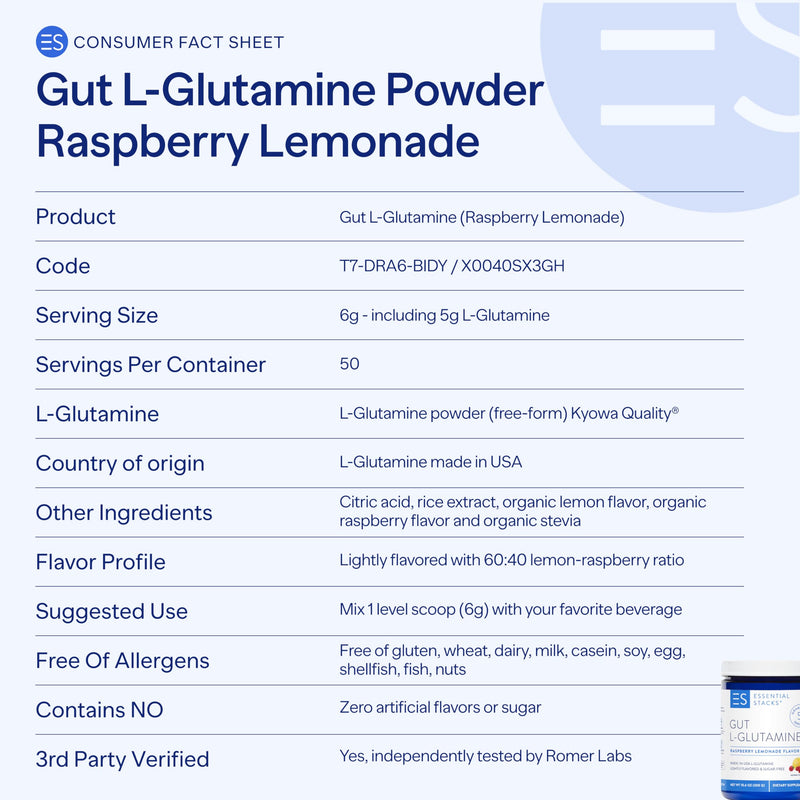 [Australia] - Essential Stacks Flavored Gut L-Glutamine Powder (Raspberry Lemonade) - Sugar Free & Gluten Free - Made with Organic Raspberry & Lemon Flavors (50 Servings) 