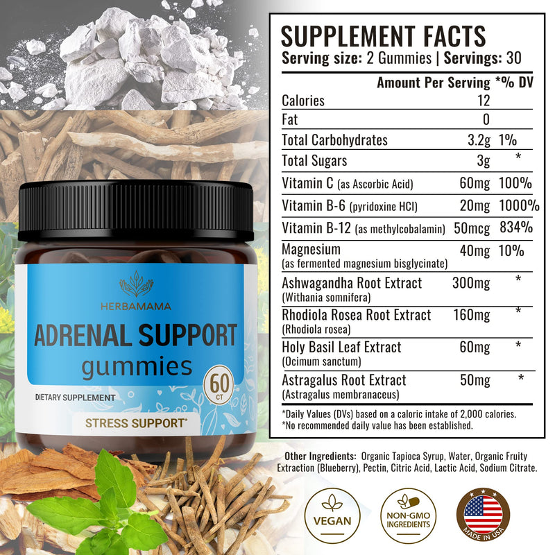 [Australia] - HERBAMAMA Adrenal Support Gummies for Energy & Relaxation w/Ashwagandha, Rhodiola Rosea, Holy Basil & Astragalus Root - 60 Vegan, Non-GMO Chews 