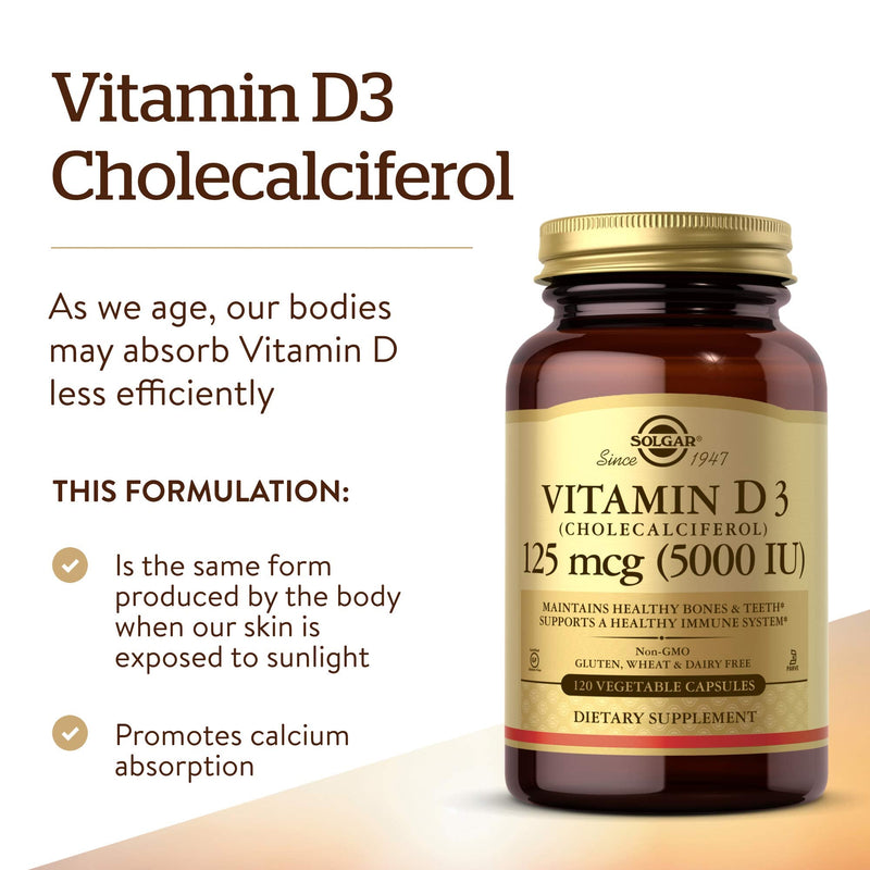 Solgar Vitamin D3 (Cholecalciferol) 125 Mcg (5000 IU), 120 Vegetable Capsules - Helps Maintain Healthy Bones & Teeth - Immune System Support - Non-GMO, Gluten Free, Dairy Free, Kosher - 120 Servings | Helps Maintain Healthy Bones & Teeth, Immune System...