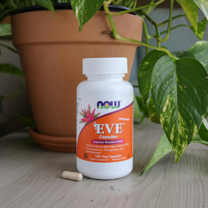 NOW Foods Supplements, Eve™ Women's Multivitamin with Cranberry, Alpha Lipoic Acid and CoQ10, plus Superfruits - Pomegranate, Acai & Mangosteen, Iron-Free, 120 Veg Capsules 120 Count (Pack of 1)