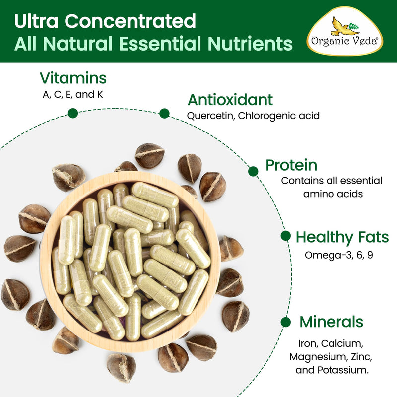 Organic Veda Moringa Seeds Capsules - Omega 3, 6, 9, Powerful Antioxidants, Vitamins, Amino Protein Rich Organic Moringa Seed Powder for Energy, Cleanse & Vitality - 120 Vegan Capsules