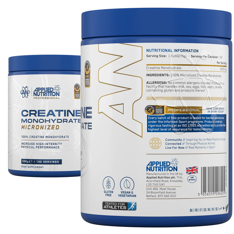 Applied Nutrition Creatine Monohydrate Powder 500g – 100% Micronized Creatine – 5g per Serving – Unflavoured – Supports High-Intensity Performance – 100 Servings 100 Servings (Pack of 1)