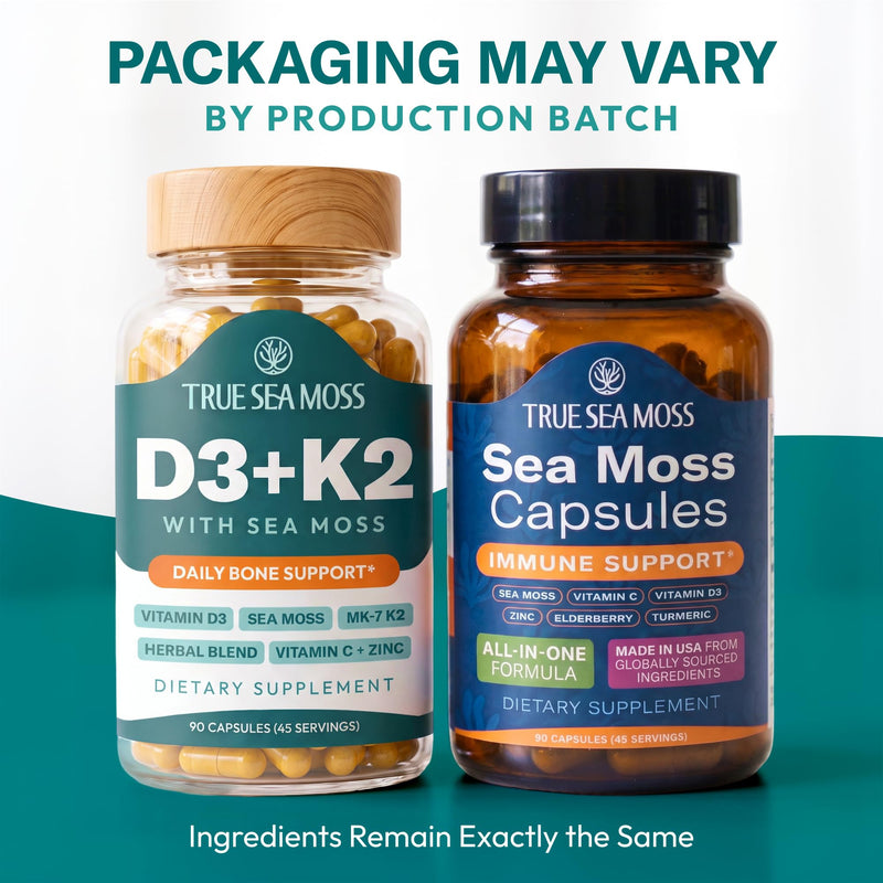 TrueSeaMoss Vitamin D3 K2 Capsules – Bone Health Support & Calcium Absorption for Men & Women – with Sea Moss, Zinc, Turmeric & Vitamin C – 90 Count, 45 Day Supply 1 Count (Pack of 90)