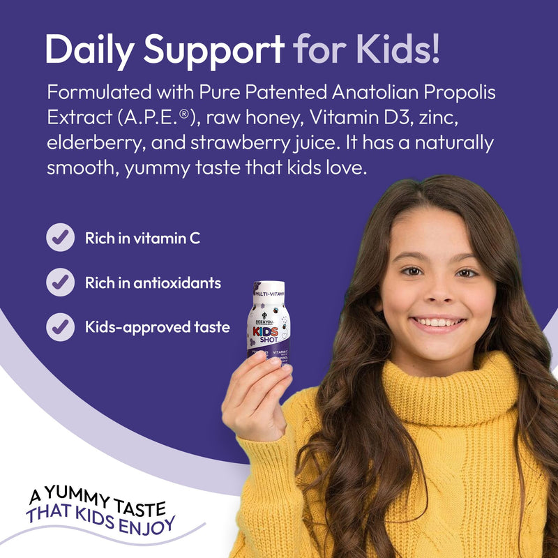 BEE and You Kids Immune Support Supplement, 100% Natural Propolis, Vitamin C, Elderberry, Raw Honey, Antioxidants, Alternative to Gummies, Great Taste, 12 Pack, 1.69 fl. oz Each