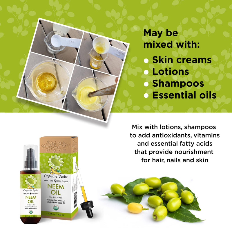 [Australia] - Organic Veda Neem Oil - Pure, Cold Pressed & Organic Neem Oil for Skin, Hair, Face, Body, Scalp - Natural Moisturizer, Virgin Neem seed oil - Rich in Vitamin E, Fatty Acids, Antioxidants - 3.4 fl oz 