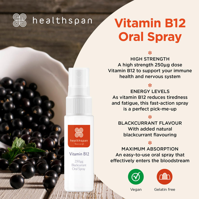 Healthspan Vitamin B12 Oral Spray, Blackcurrant Flavour, 250 µg, Vegan, Energy and Immune Support, 15 ml