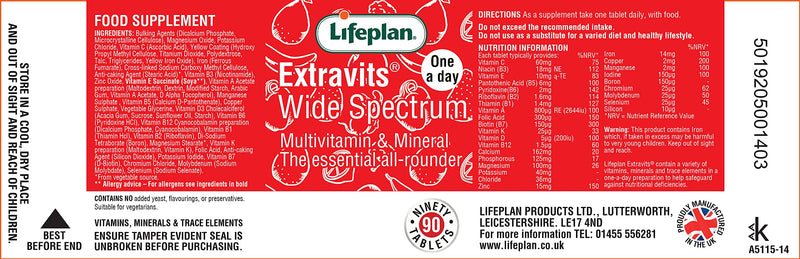 Lifeplan ExtraVits Wide Spectrum Adult Daily Multivitamin (90 Tablets) — Essential Vitamins and Minerals Complex 1 count (Pack of 90)