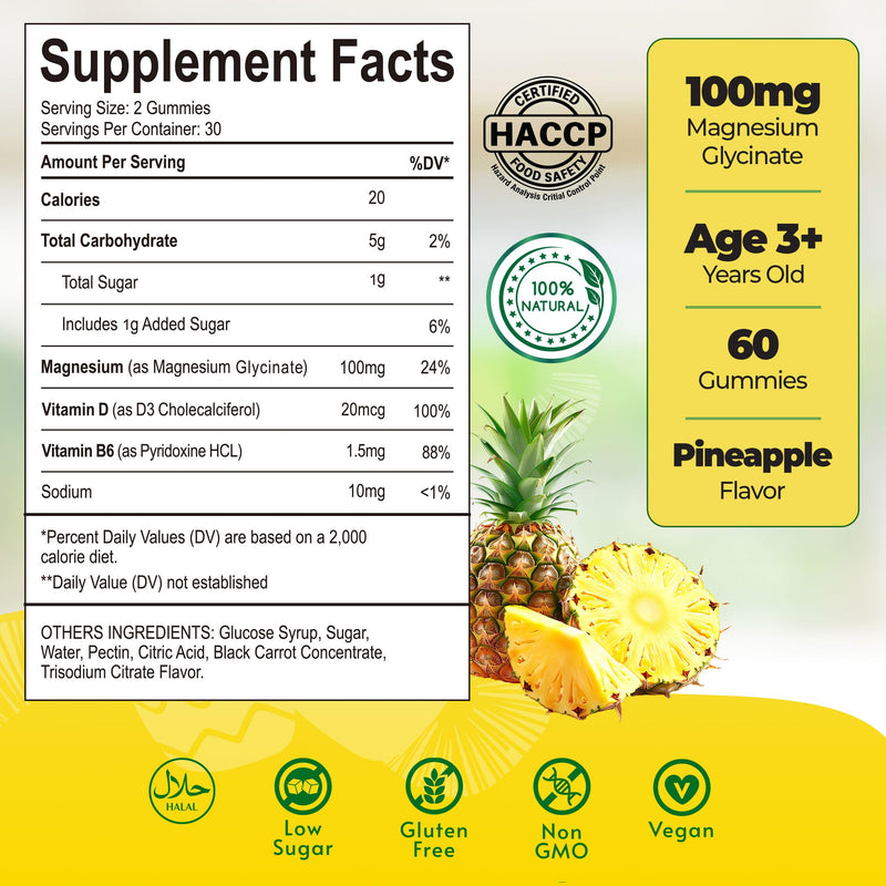 Magnesium Glycinate Gummies 100mg for Kids, Calm Magnesium Gummies for Sleep, Relaxation, Brain, Focus, Bones, No Melatonin, Gluten Free, Non GMO, Vegan, 60 Gummies (1) 1