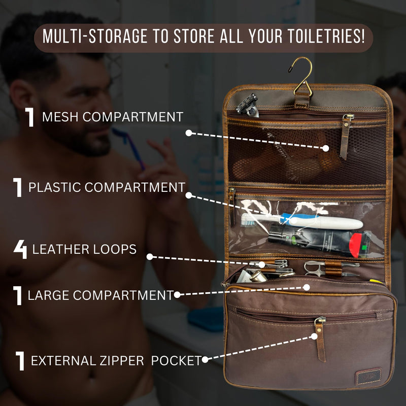 Leather Hanging Toiletry Bag for Men, Travel Shaving Dopp Kit Organizer | Full Grain Leather, Brass Hook, YKK Zippers, 11 x 7 inch Fits in Any Carry-On, Water-Resistant Lining; Cosmetic & Makeup Kit Brown