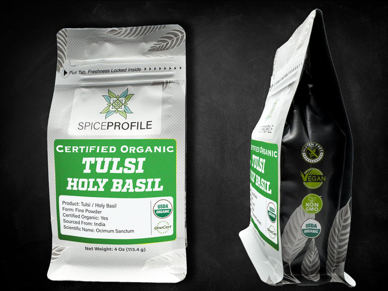 [Australia] - Spice Profile | USDA Certified Organic Holy Basil (Tulsi Leaf) Powder | Resealable 4oz Pouch | For Vitality & Wellness | Perfect for Teas & Drinks 