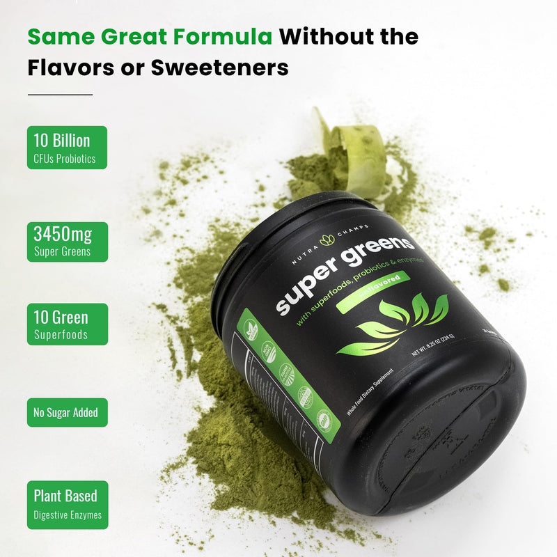 [Australia] - NutraChamps Super Greens Powder Premium Superfood | 20+ Organic Green Veggie Whole Foods | Wheat Grass, Spirulina, Chlorella | Antioxidant, Digestive Enzyme & Probiotic Blends (9.0 Oz, Unflavored) 9 Ounce (Pack of 1) 