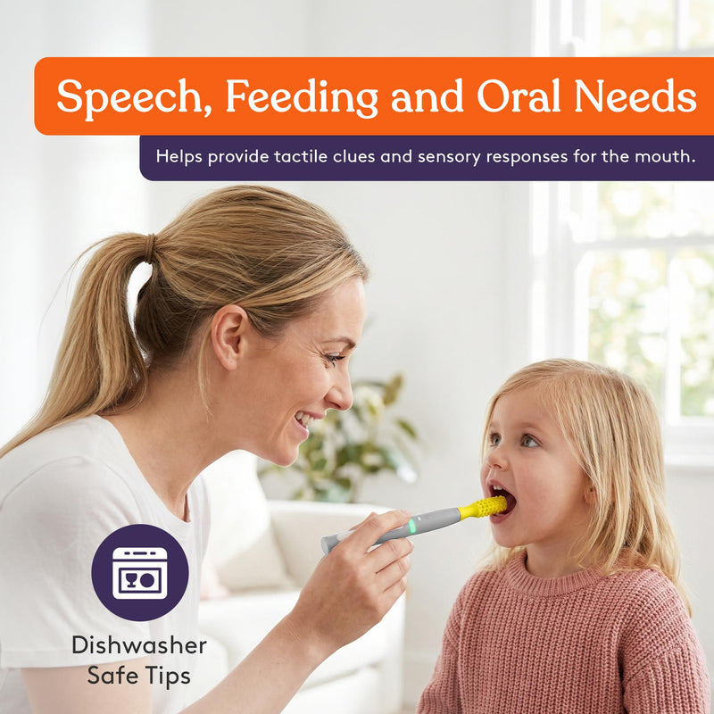 Special Supplies Buzz Buddy Oral Motor Stimulation kit with 6 Soft Textured Interchangeable Heads, Calm Sensory Needs, Support Speech, and Stimulate Self Feeding, Gentle Vibrations (Grey) Grey