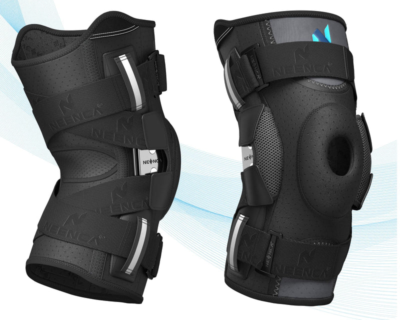 [Australia] - NEENCA Professional Knee Brace for Knee Pain, Hinged Knee Support with Patented X-Straps Fiting System, Strong Stability for Joint Pain Relief, Arthritis, Meniscus Tear, ACL, PCL, MCL, Sports, Workout Large Black-Single 