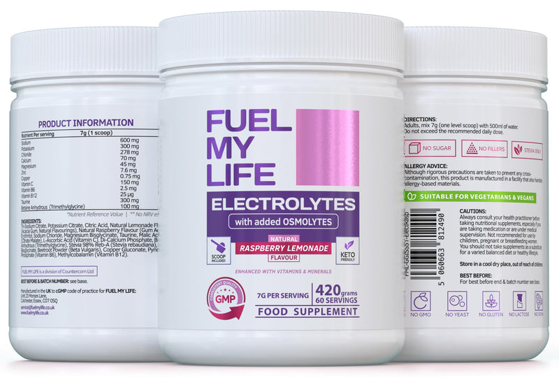 Electrolyte Powder with Osmolytes - Natural Raspberry Lemonade Flavour - 420g (60 Servings) - Sugar-Free with Vitamins & Minerals - Vegan - UK Made
