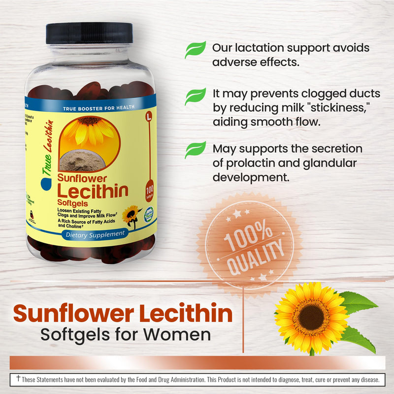[Australia] - Milk Sunflower Lecithin Softgels - Natural Lactation Support & Duct Relief for Breastfeeding Moms - 1200mg, 100 Softgels - Unblock Clogs, Enhance Milk Flow, Rich in Fatty Acids & Choline 