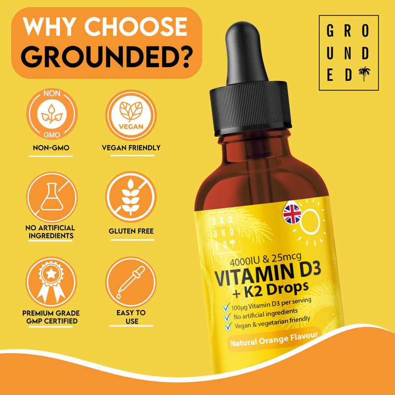 Grounded Vitamin D3 + K2 Liquid Drops 50ml | High Strength 4,000iu D3 with 25mcg K2 Formula | Natural Orange Flavour with 2000 Drops per Bottle | for Bones, Muscle & Immune Function | UK Made