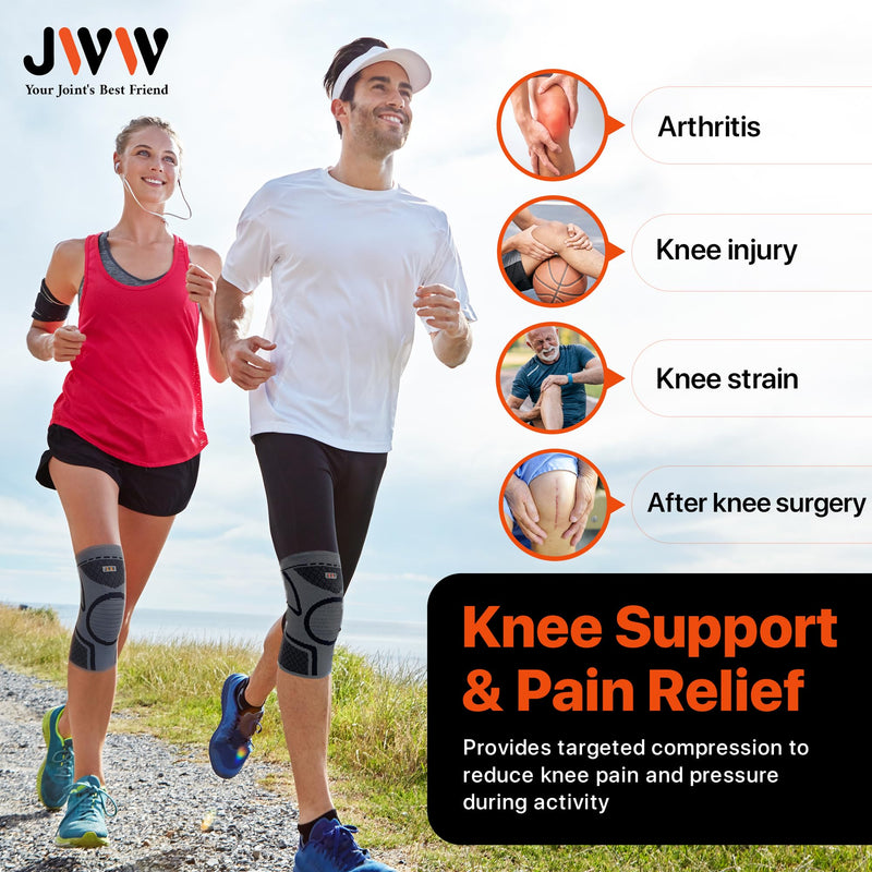 Knee Compression Sleeve, 2 Pack Knee Brace for Women Men Knee Pain Relief, Running Knee Support, Knee Braces for Meniscus Tear ACL Arthritis Recovery, Rodilleras para Gym Fitness (Black, Large) Gray/Black