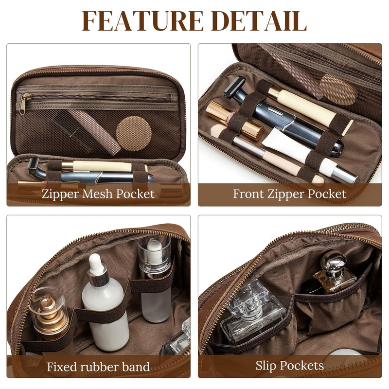 S-ZONE Leather Travel Toiletry Bag for Men Women Cosmetic Shaving Bags | Vintage Top Grain Leather, Multi Compartments, Bronze Hardware, Compact Dopp Kit Dark Brown