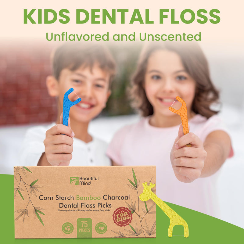 [Australia] - Dental Floss Picks for Kids 75 Pack ‚Äì Unflavored, No Fluoride Oral Tooth Flossers ‚Äì Biodegradable Flossing Sticks with Charcoal Infused Thread ‚Äì Giraffe Toothpick for Toddler Teeth ‚Äì Travel Case Size 
