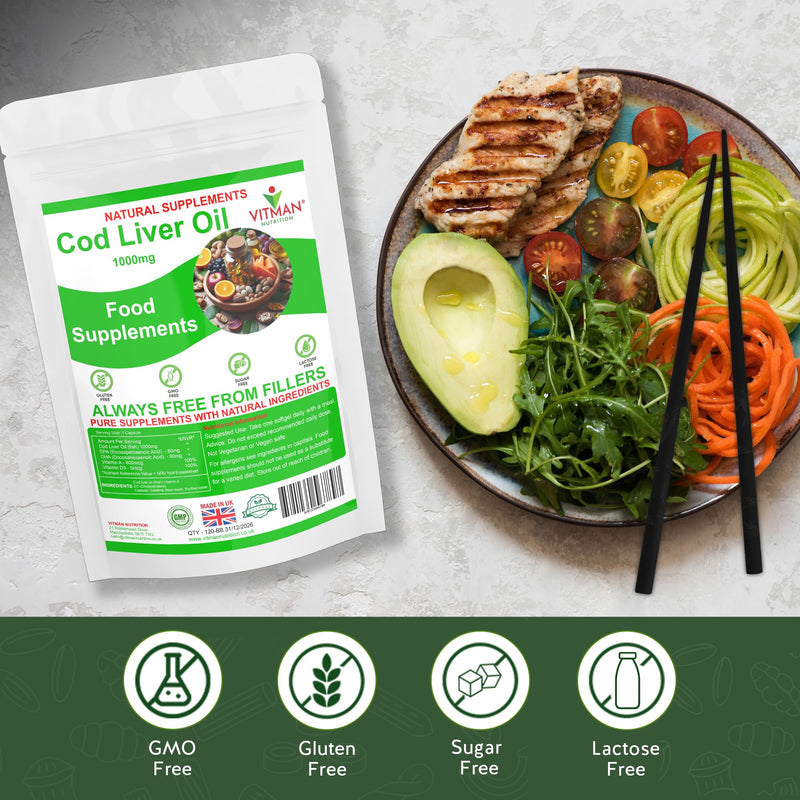 Cod Liver Oil 1000mg 60 Softgels - High Strength Omega-3 EPA & DHA - Pure Fish Oil with Vitamins A & D - Supports Heart, Brain, Vision & Immune Health - Gluten & Additive-Free