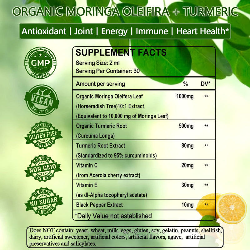 Moringa Supplement Liquid Drops for Women Men, Capsule & Powder Alternative | 1000mg Moringa + 500mg Turmeric 95% Curcuminoids w. Black Pepper for Energy, Immune, Skin, Joint & Gut Support, Vegan Non-GMO Lemon 2 Fl Oz (Pack of 1)