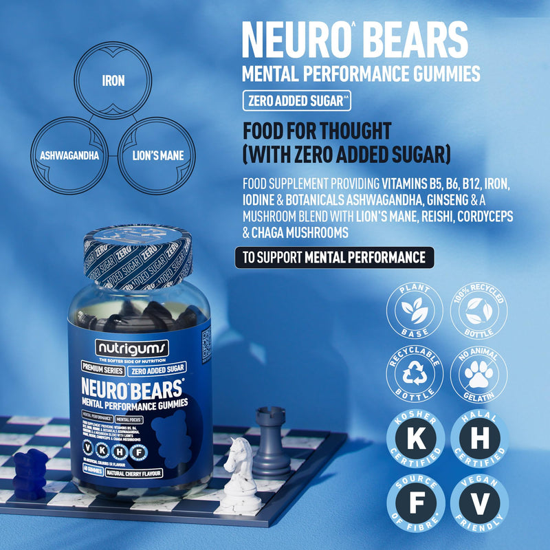 Cognitive Performance Gummies | Ashwagandha, Ginseng, Lions’ Mane | Reishi, Chaga & Cordyceps Mushrooms + B5, B6, B12, Iron, Iodine | No Added Sugar | Cherry Flavour | 60 Vegan Gummies | Neuro Bears®
