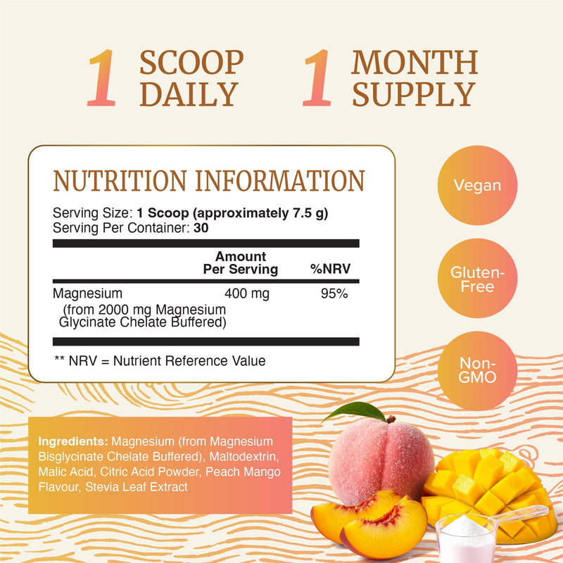 Magnesium Glycinate Powder 400MG | Muscle & Relaxation Support | Peach Mango Flavor Drink | High Absorption Chelated Magnesium Powder | Vegan, Gluten-Free, Non-GMO | 30 Servings | 225g (7.94oz)