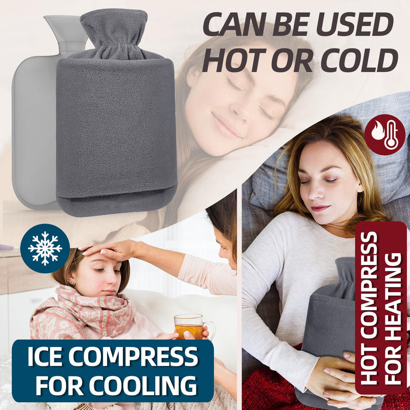 [Australia] - MUPAS hot water bottle with fleece cover - 2L large leak-proof bed bottle - soft hot water bottles with kangaroo bag + natural rubber - hot water bag for children and adults - for pain relief (grey) grey 