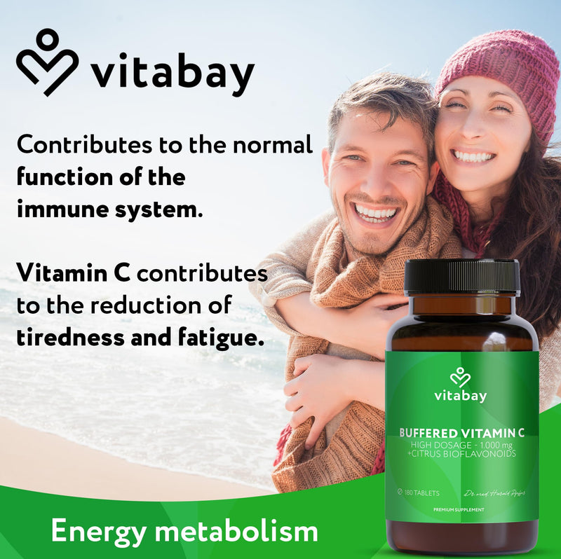 Vitabay Vitamin C 1000mg - 180 Vegan Slow Release Vitamin C Tablets - Buffered VIT with Citrus Bioflavonoids (50mg) - Natural from Plant Fermentation with Acacia Fibers - Laboratory Tested 256 g (Pack of 1)