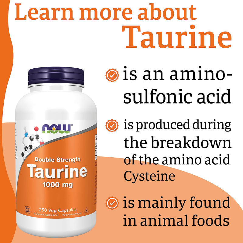 Now Foods, Double Strength Taurine, 1.000mg, 250 Vegan Capsules, Gluten Free, SOYA Free, Non-GMO, Vegetarian 250 Capsules