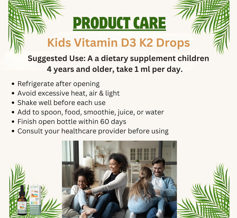 [Australia] - Go Healthy Kids Vitamins D3 K2 (MK-7), Child Vitamin D, Liquid Vegan D3 K2 Drops for Kids, Sugar-Free, Easy-to-Absorb, Children's Growth & Immune Support, Vanilla Flavor - 30 Servings 