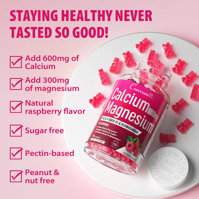 Calcium Magnesium Zinc Gummies & Vitamin D3,B6,B12,Immune & Supporting Bone Health Calcium Magnesium Supplement for Women Men,Sugar-Free Vegan Raspberry Flavor 90 Counts