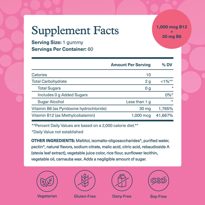 Youtheory B12B6 Zero Sugar Gummy, Raspberry Flavor, 60 Vegetarian Gummies | Vegan Vitamin B6 and Vitamin B12, Offers Brain Health, Energy, and Immunity Support*, Dairy, Soy, and Gluten-Free 60 Count (Pack of 1)