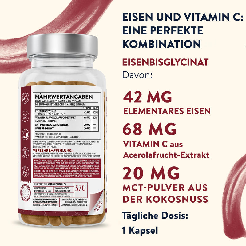 [Australia] - Iron high dose 210mg of which 42mg and natural vitamin C | Effective iron tablets, high-dose iron bisglycinate with acerola vitamin C - iron supplement iron vitamin C vegan - 120 iron capsules 