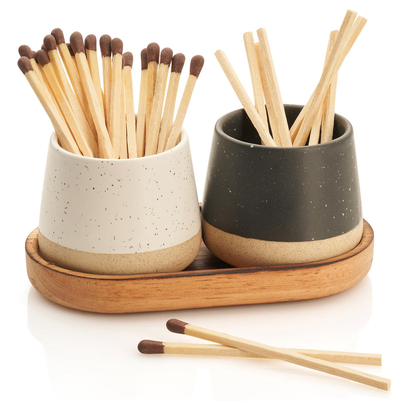 KIBAGA Decorative Ceramic Match Holder With Wooden Tray - Set of 2 Beautiful Matte Holders with Striker Are an Upgrade To Any Home Decor - Enhance Your Living Room With Cute Jars - Matches Not Incl.