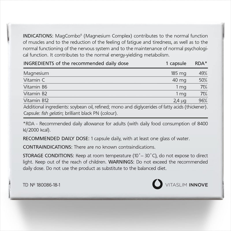 MagCombo - Concentrated Pure Magnesium, Special Oily Formula for Maximum Absorption, enriched with Vitamins B2, B6, B12 and C, 1 Capsule Daily, Laboratory Tested (20 Servings) 20 count (Pack of 1) 20.0