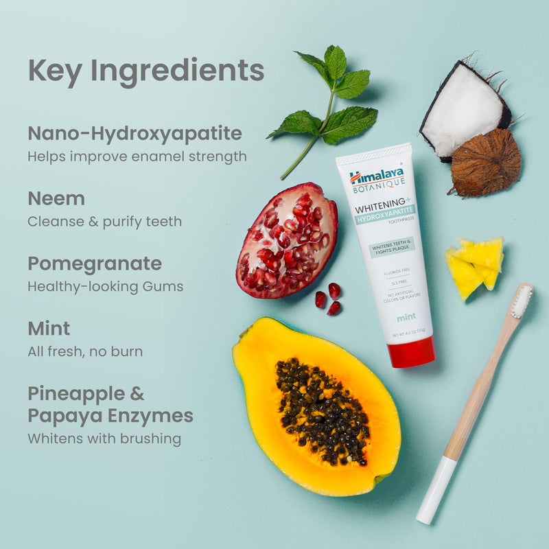 Himalaya Botanique Whitening+ Hydroxyapatite Toothpaste, Mint, 4 oz, Pack 4 | Nano Hydroxyapatite Toothpaste, Support Enamel Strength & Integrity,Great for Sensitive Teeth, Fluoride Free,SLS Free & Vegan 4 Ounce (Pack of 4) Adult Mint