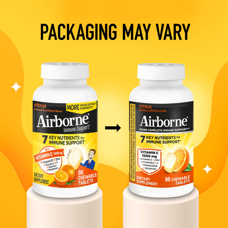 Airborne Vitamin C 1000mg (per Serving) - Citrus Chewable Tablets (96 Count in a Box) - Packaging May Vary | Antioxidants Vitamins A, D & E + Zinc, Selenium, and Manganese, Herbal Blend, Multivitamin Supplements, Immune Health, Tasty 96 Count (Pack of 1)