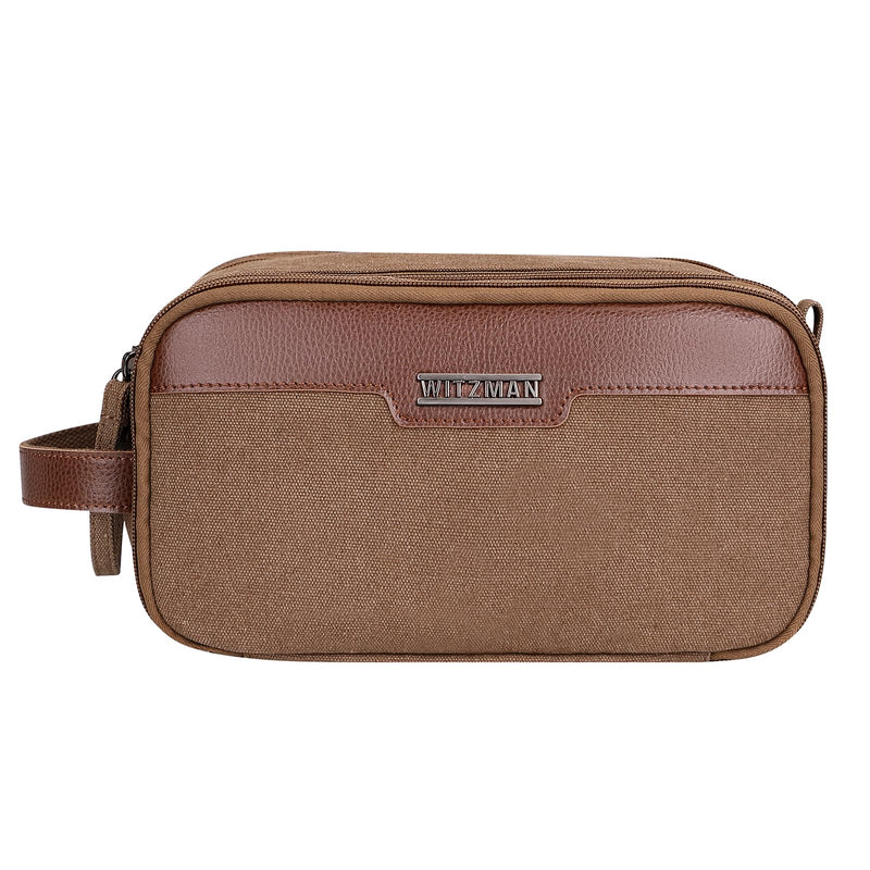 WITZMAN Canvas Toiletry Bag for Men Travel Toiletries Large 7L Dopp Kit | Multi-pockets with Dry-wet Pocket, Side Handle for Hanging, Lightweight, For Daily Use, Bathroom, Make up, A8002 Brown