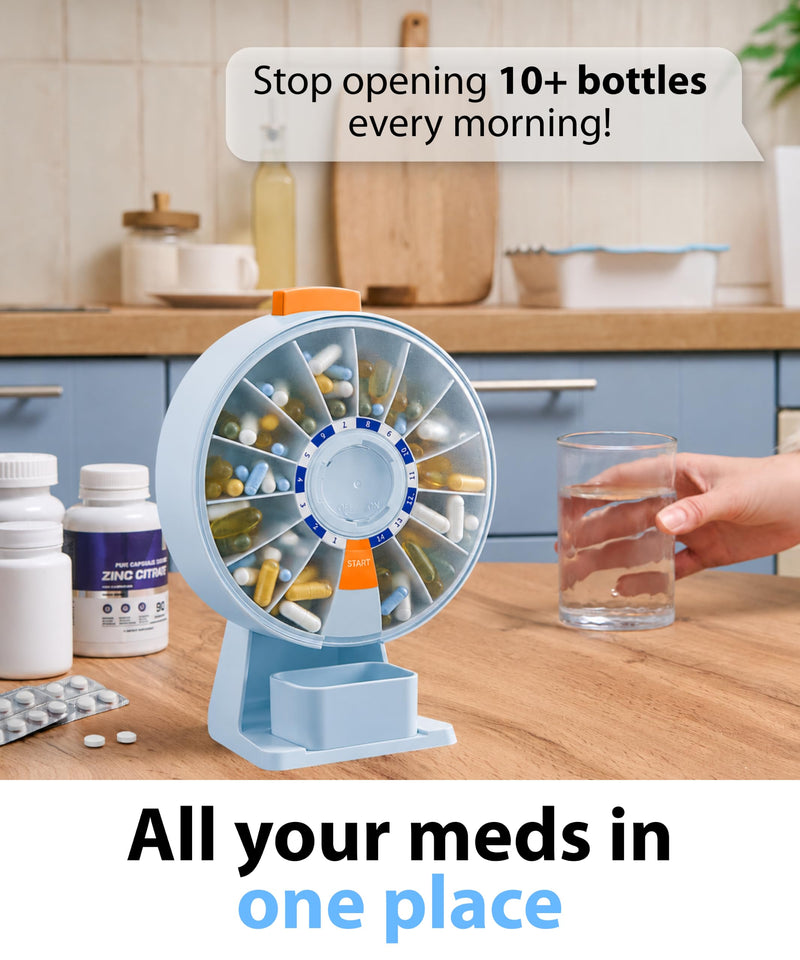 Pill Dispenser 14 Day – Rotating Medicine Organizer Wheel with Push Button, Wall Mounted or Desktop Manual Pill Dispenser for Elderly & Seniors, Large Capacity Vitamin & Medication Organizer Blue