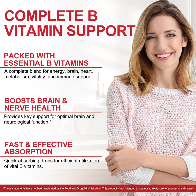 Liquid Vitamin B Complex Supplement, B Vitamins Complex - Vitamin B12 B1 B6 Niacin & Folate, 60ml, Raspberry Flavour - Supports Brain Heart Function, Elevates Mood & Energy Levels