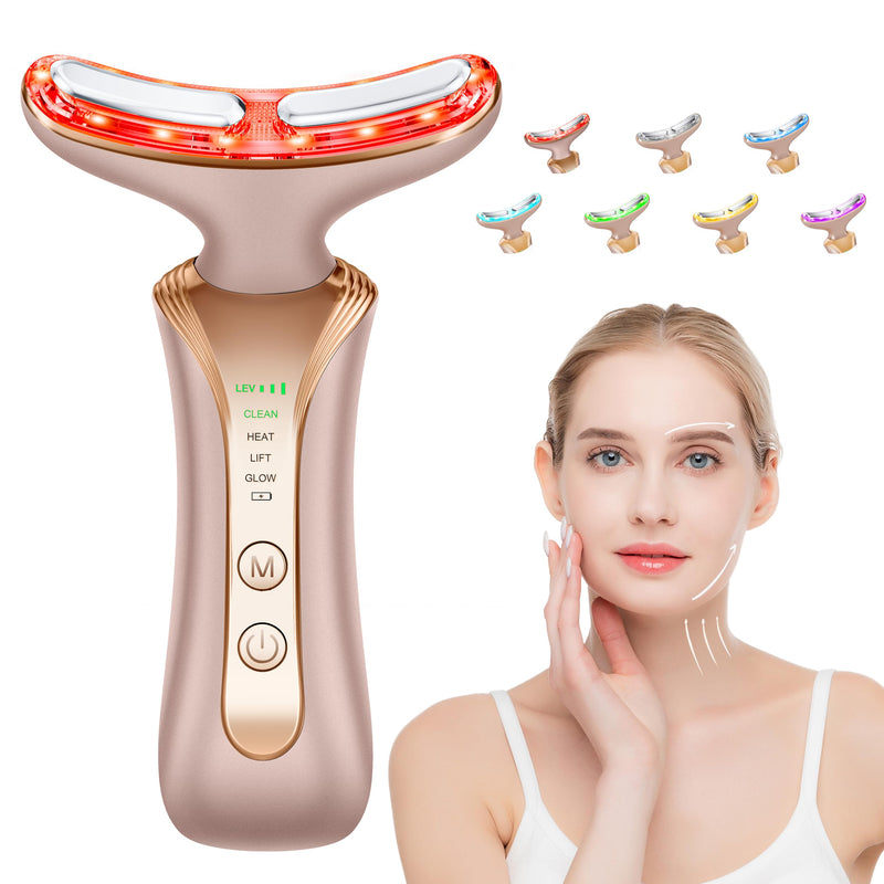 Micro 7-in-1 LED Light Therapy Facial Massager – Red Light Therapy for Face and Neck, Double Chin Reducer, 3-Level Vibration, 4 Modes, USB-C Rechargeable Face Massager Tool for Women & Men